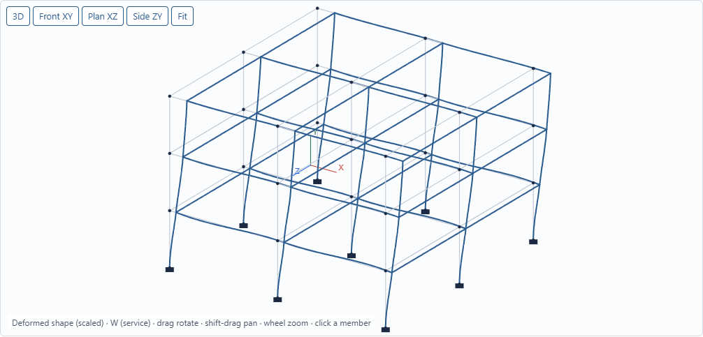 Deformed shape of a 3-story 2 by 2 bay steel frame under wind in the X direction